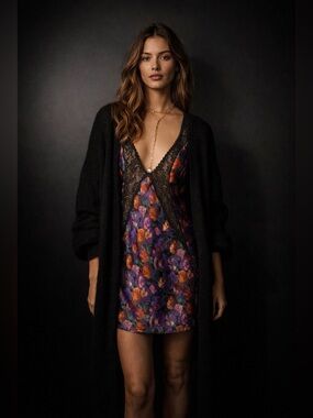 Floral Lace Trim Slip Dress in Purple & Orange